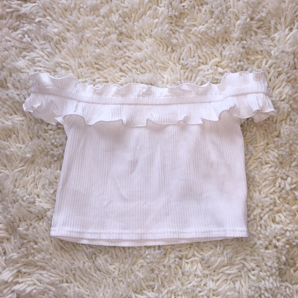 White Ruffle Off-the-Shoulder Crop Top - Picture 2 of 2